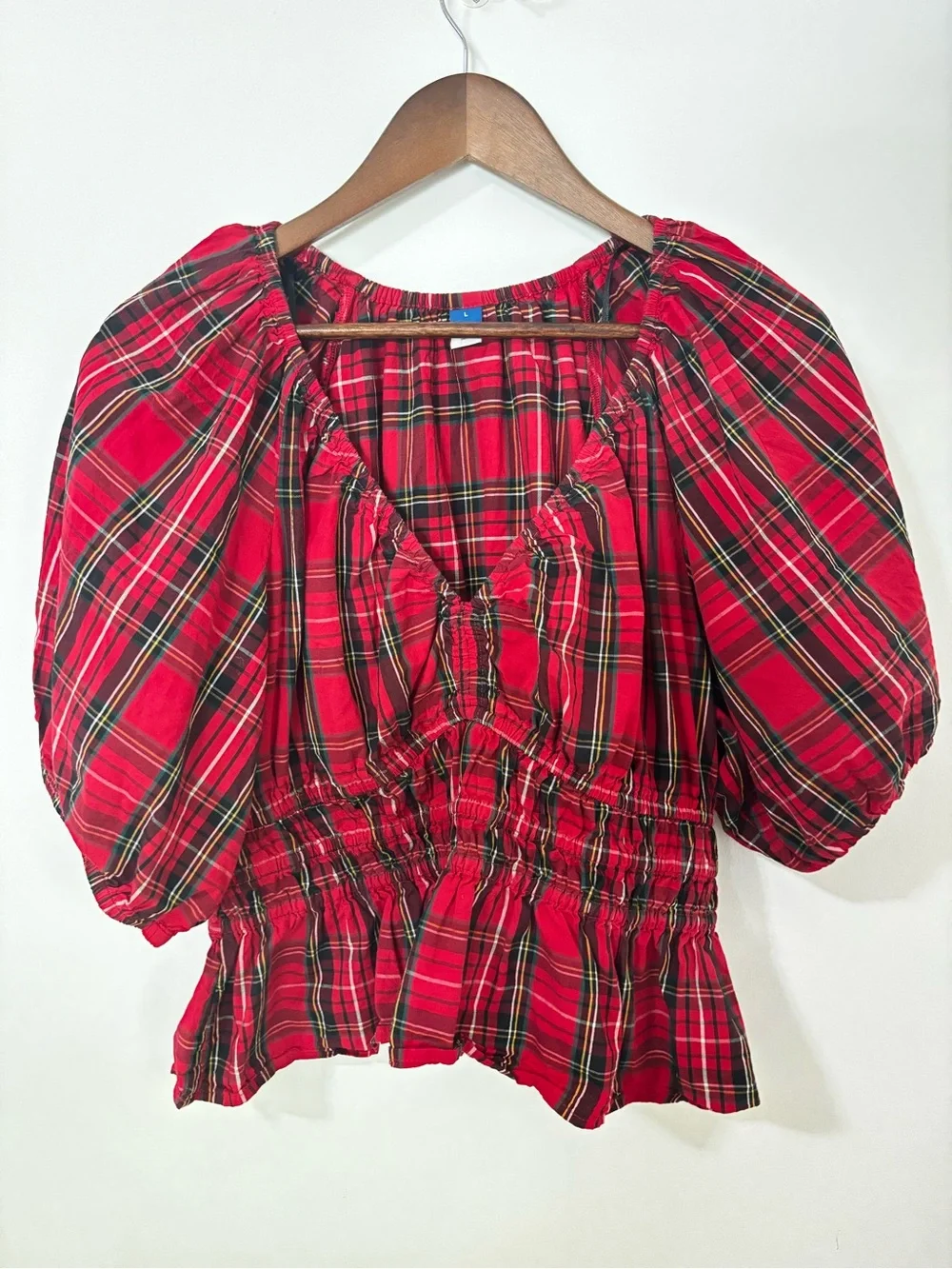 Old Navy Red Tartan Plaid Puff Sleeve Smocked Peplum Top Size L Cottagecore